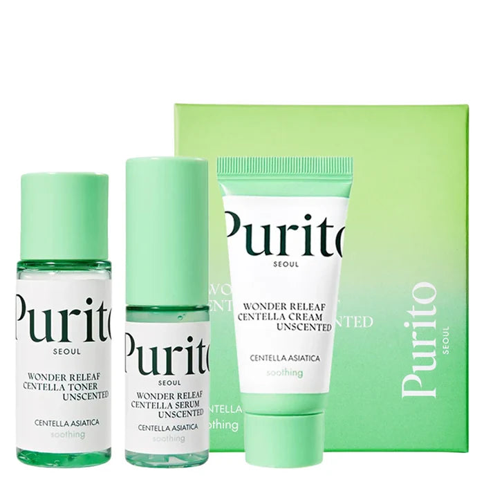 PURITO Wonder Releaf Centella Mini Kit Unscented بكج السنتيلا للعناية بالبشرة بالحجم الصغير من بيوريتو