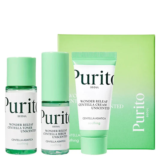 PURITO Wonder Releaf Centella Mini Kit Unscented بكج السنتيلا للعناية بالبشرة بالحجم الصغير من بيوريتو