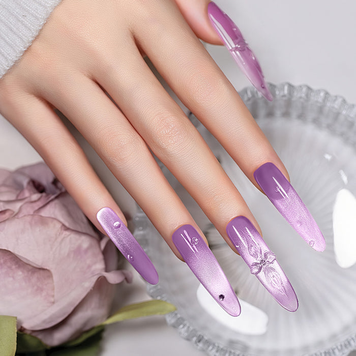 Purple Dream glitter gel polish stiletto nails magenta violet dense sparkle cosmic glow elegant nail art