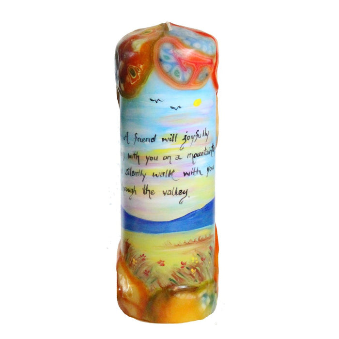 Quote Pillar Candle - "A friend will joyfully sing with you on a mountaintop and silently walk with you through the valley"