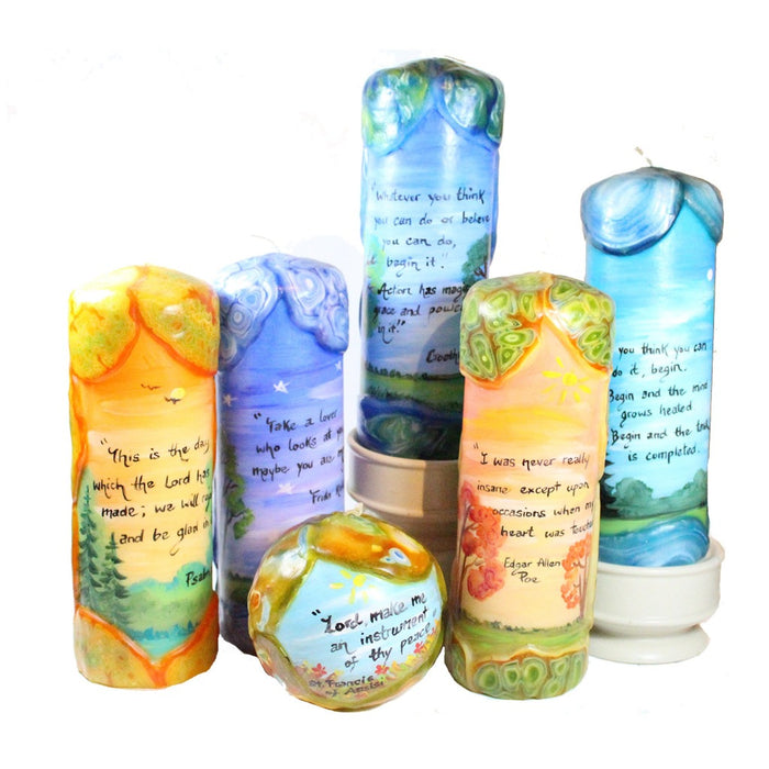 Quote Pillar Candle - “Life is either a daring adventure or nothing. To keep our faces toward change and behave like free spirits in the presence of fate is strength undefeatable.” Helen Keller - Candlestock.com
