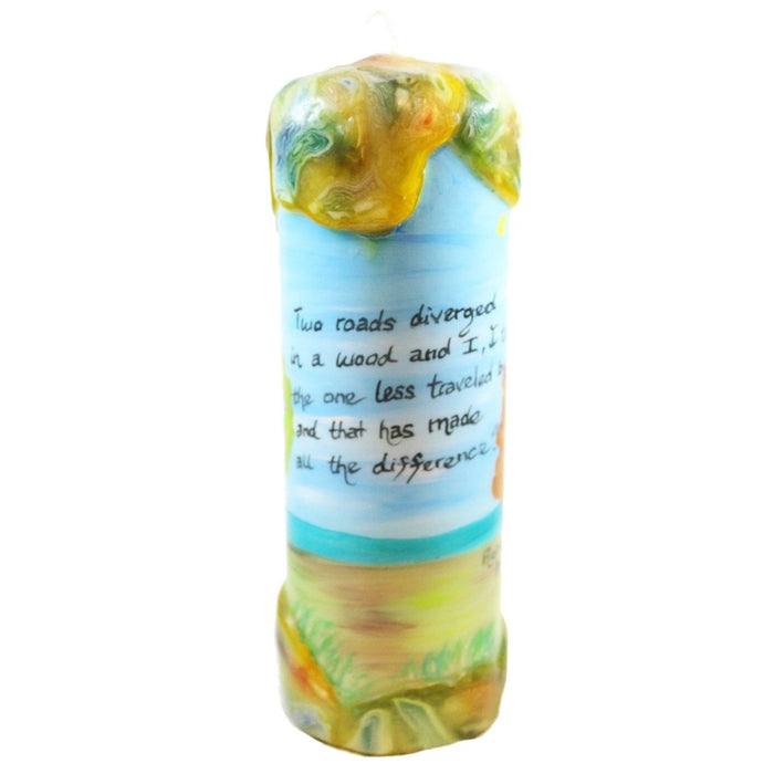 Quote Pillar Candle - "Two roads diverged in a wood and I, I took the one less traveled by, and that has made all the difference" Robert Frost - Candlestock.com