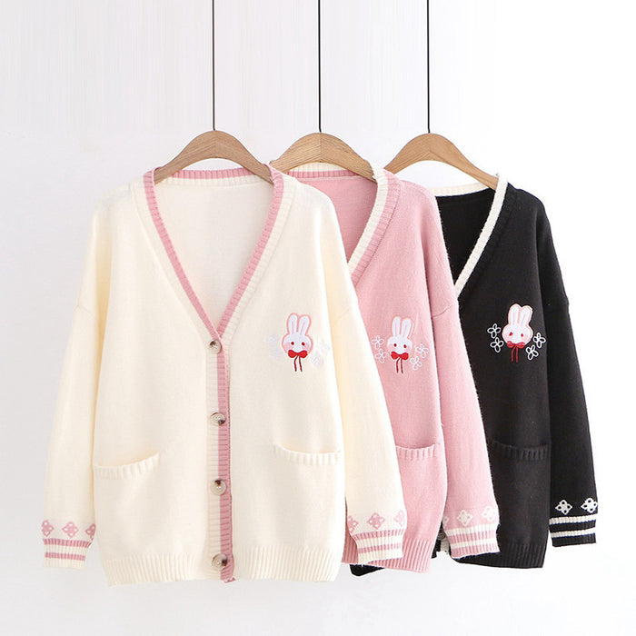 Rabbits Embroidery Cardigan Sweater Long Sleeve