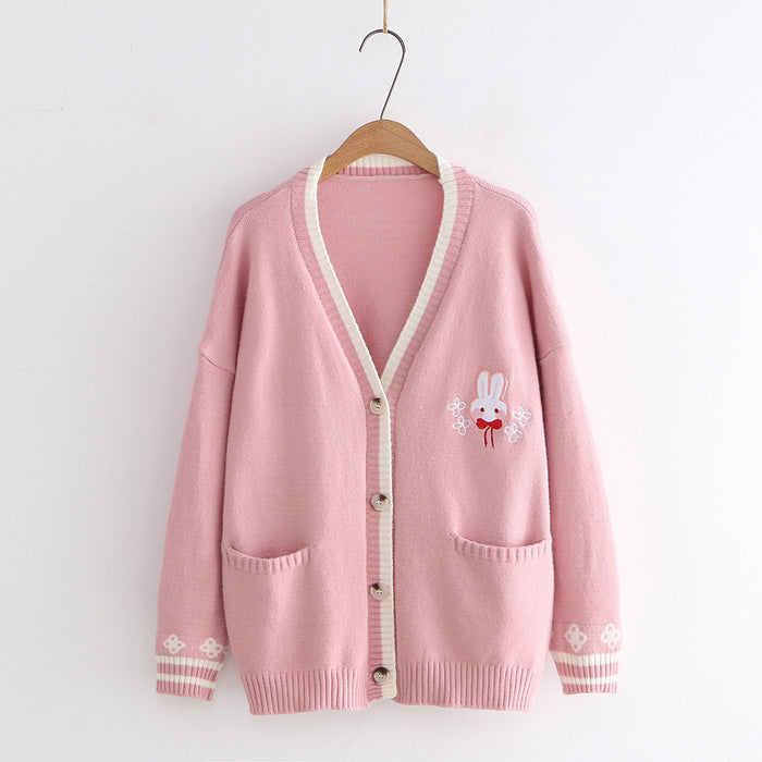 Rabbits Embroidery Cardigan Sweater Long Sleeve