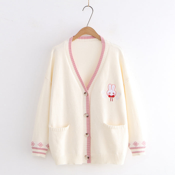 Rabbits Embroidery Cardigan Sweater Long Sleeve