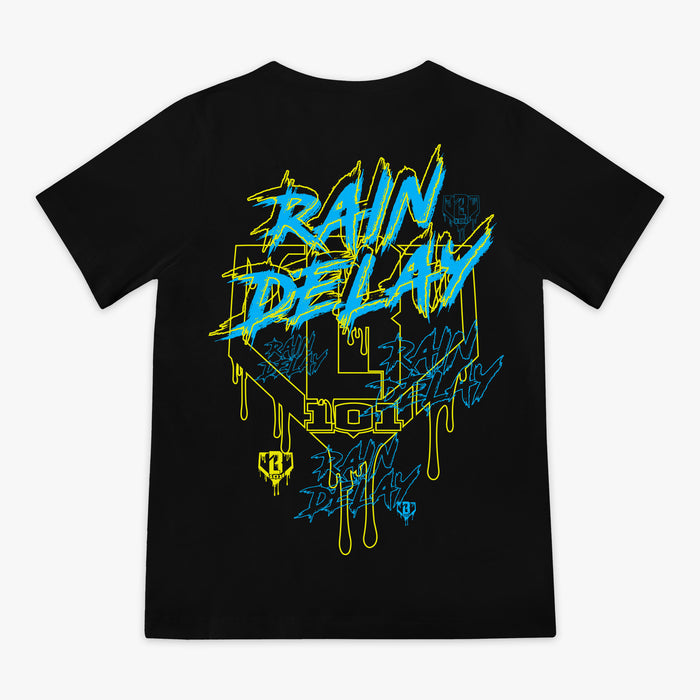 Black Rain Delay youth graphic tee — back view