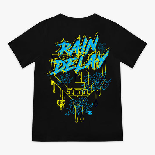 Black Rain Delay youth graphic tee — back view