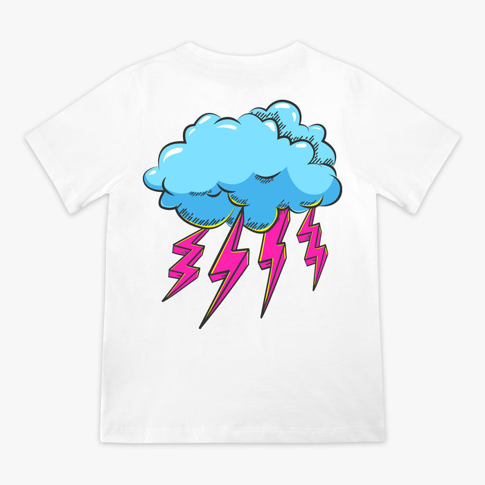 White Rain Delay Lightning Bolt youth graphic tee — back view