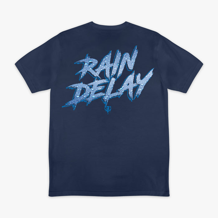 Navy Rain Delay youth graphic tee — back view