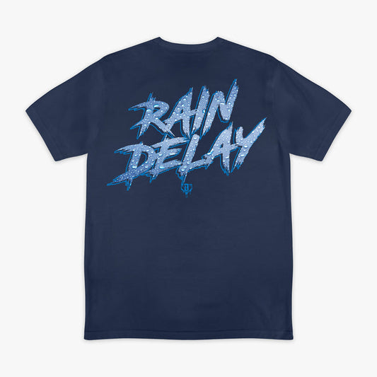 Navy Rain Delay youth graphic tee — back view