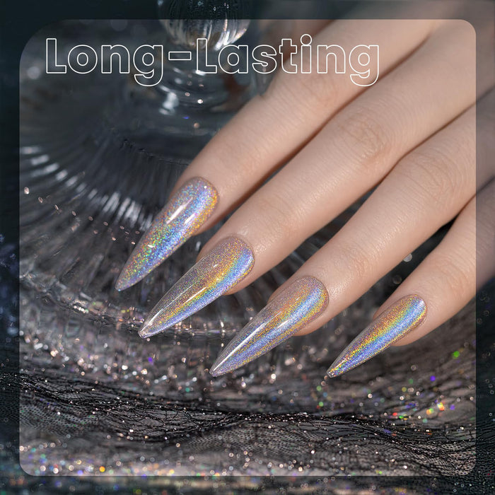 Long-lasting rainbow blue purple cat eye gel polish on stiletto nails holographic shimmer cosmic glow 21 days
