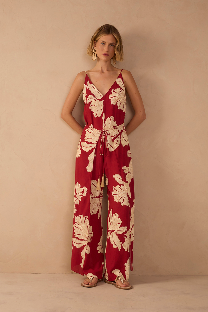 Red Petala V Neck Drawstring Jumpsuit_1