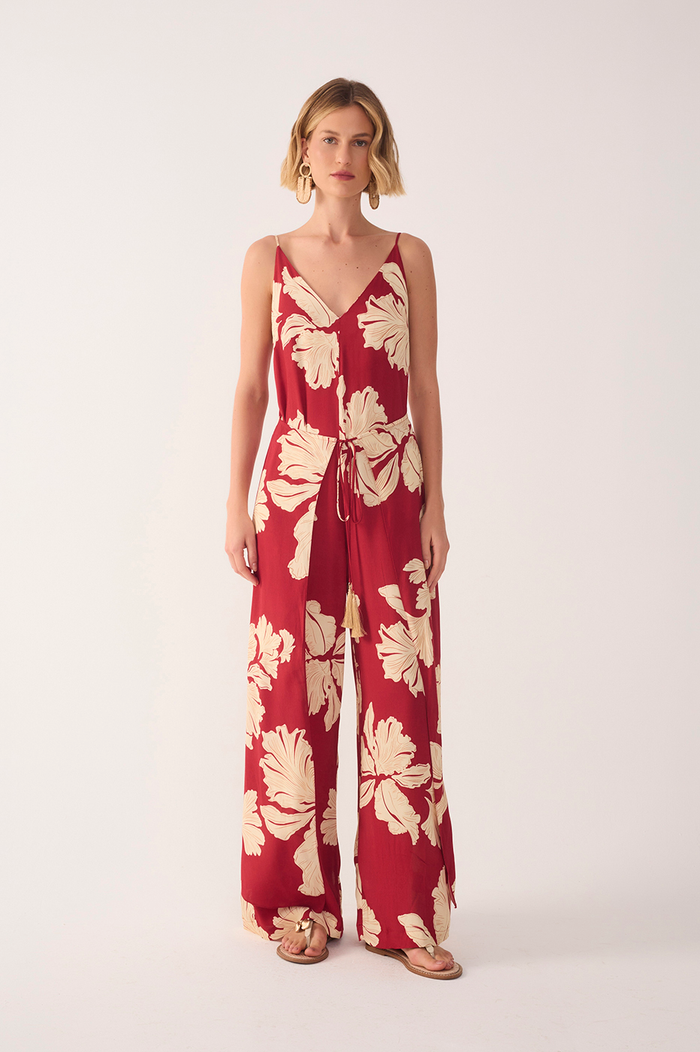 Red Petala V Neck Drawstring Jumpsuit_2