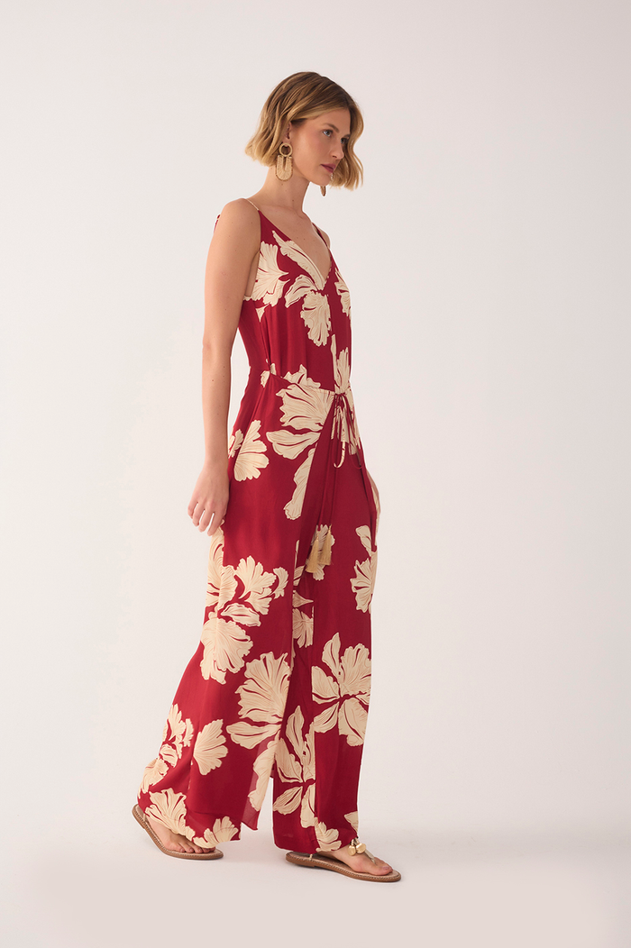 Red Petala V Neck Drawstring Jumpsuit_3