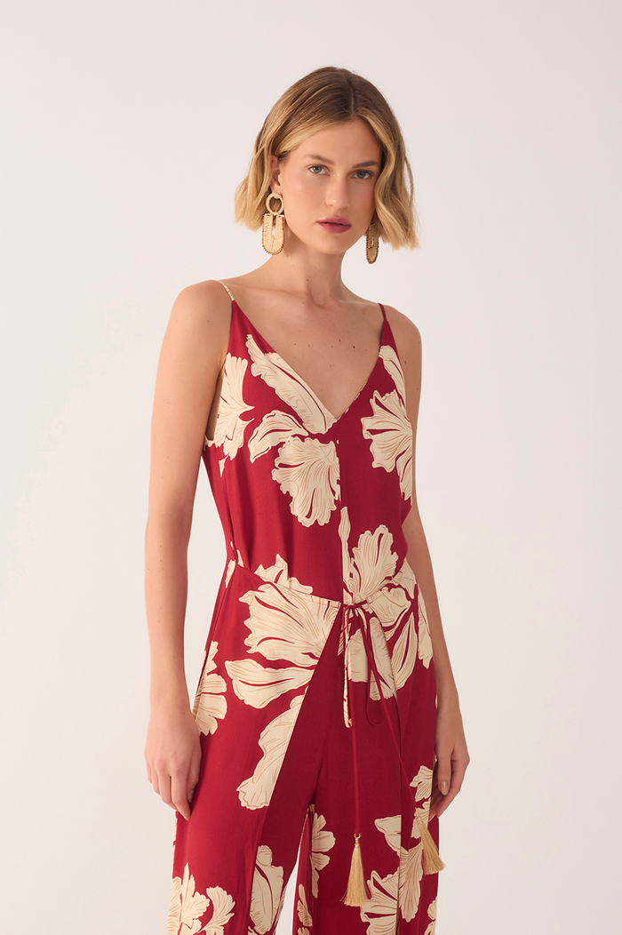 Red Petala V Neck Drawstring Jumpsuit_4