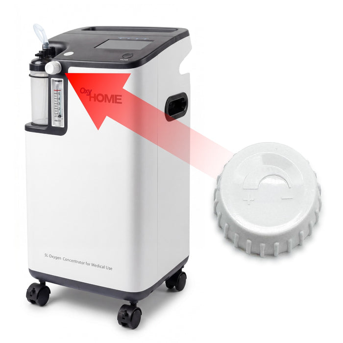 Oxygen concentrator with a red arrow and 'OxyHOME' text on a white background