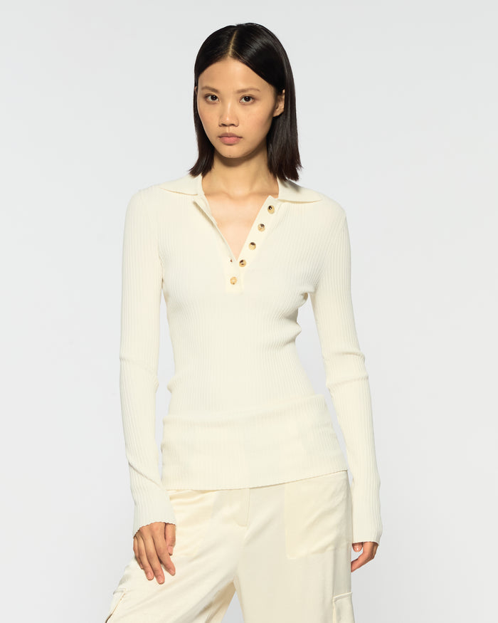 Ribbed Henley Top - Cream