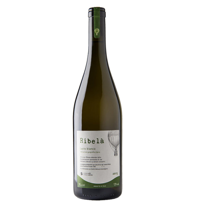 Ribela Bianco wine bottle with green glass and white label.