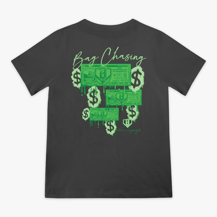 Black t-shirt with 'Bag Chasing' text and green dollar bill dripping graphic on a white background