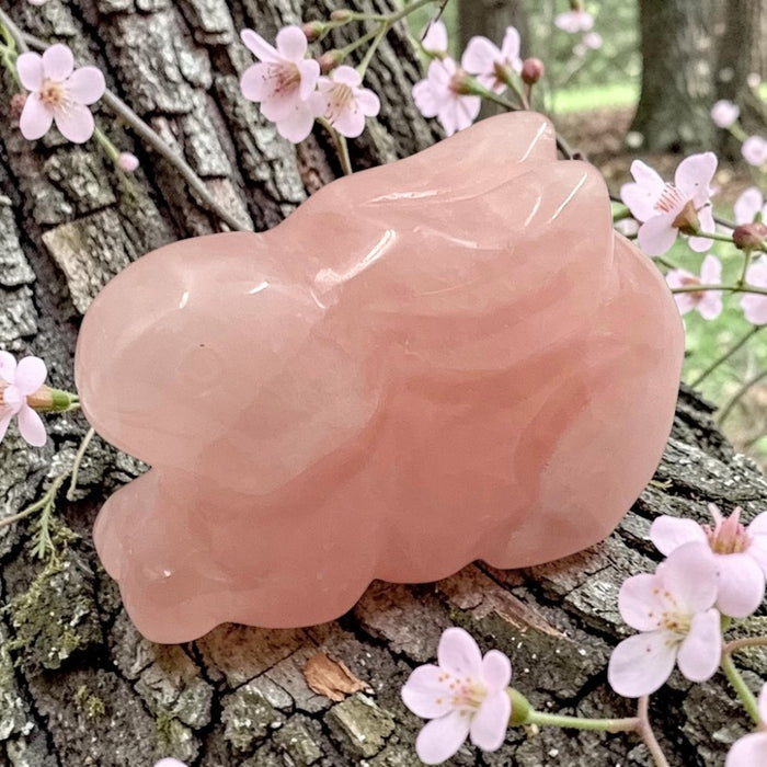 Pink rose quartz bunny on a tree trunk with cherry blossoms