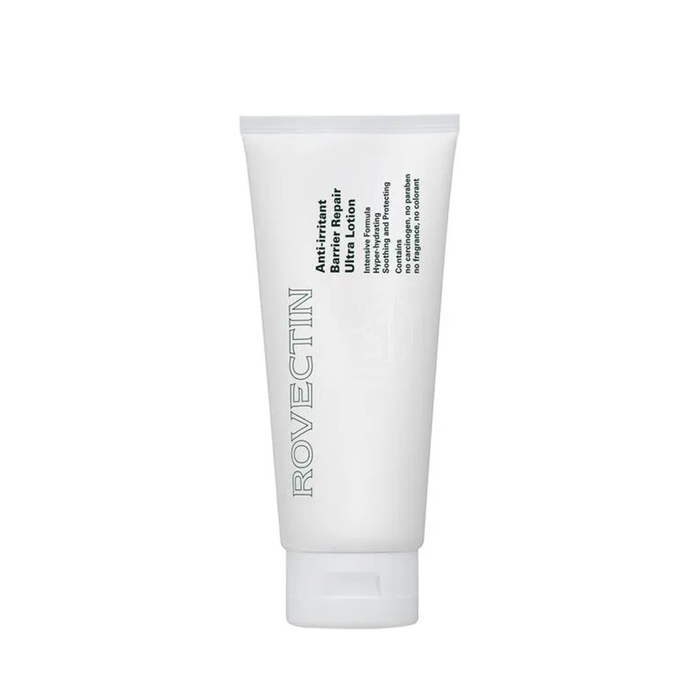 ROVECTIN Anti-Irritant Barrier Repair Ultra Lotion is a deeply hydrating, soothing moisturizer designed to strengthen the skin barrier. Enriched with Shea Butter, Ceramide NP, Niacinamide, and plant oils, it calms irritation, replenishes moisture, and improves overall skin resilience. Ideal for dry, sensitive, or compromised skin needing long-lasting comfort and nourishment.