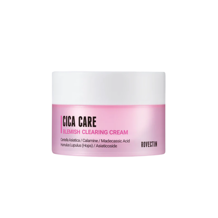 ROVECTIN Cica Care Blemish Clearing Cream is designed to target blemishes and soothe irritated skin. It's enriched with Centella Asiatica Extract to reduce inflammation and promote healing, while Niacinamide brightens and evens out skin tone. Calamine and Madecassoside soothe and strengthen the skin's barrier. This cream also nourishes with Macadamia Seed Oil, leaving the skin smooth and clear. Ideal for acne-prone and sensitive skin types, it provides effective, gentle care for a healthier comp