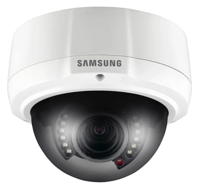 Samsung white dome security camera with night vision LEDs, close-up view.