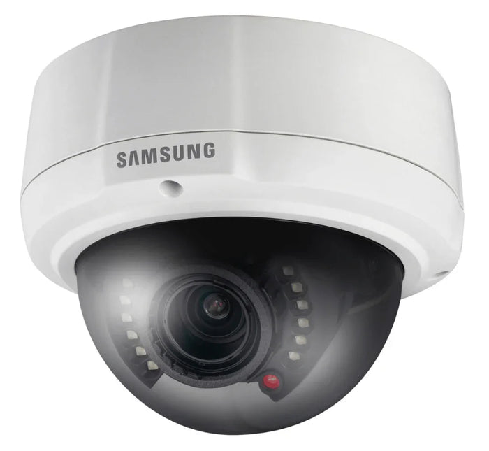 Samsung dome security camera with infrared night vision sensors in a white casing