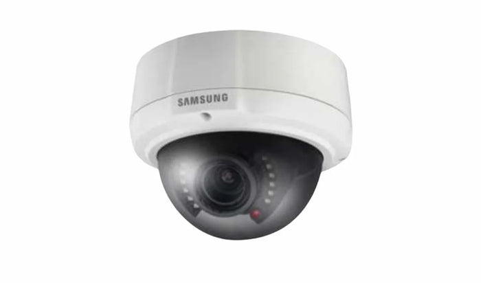 White Samsung dome security camera with infrared LEDs, suitable for indoor surveillance.