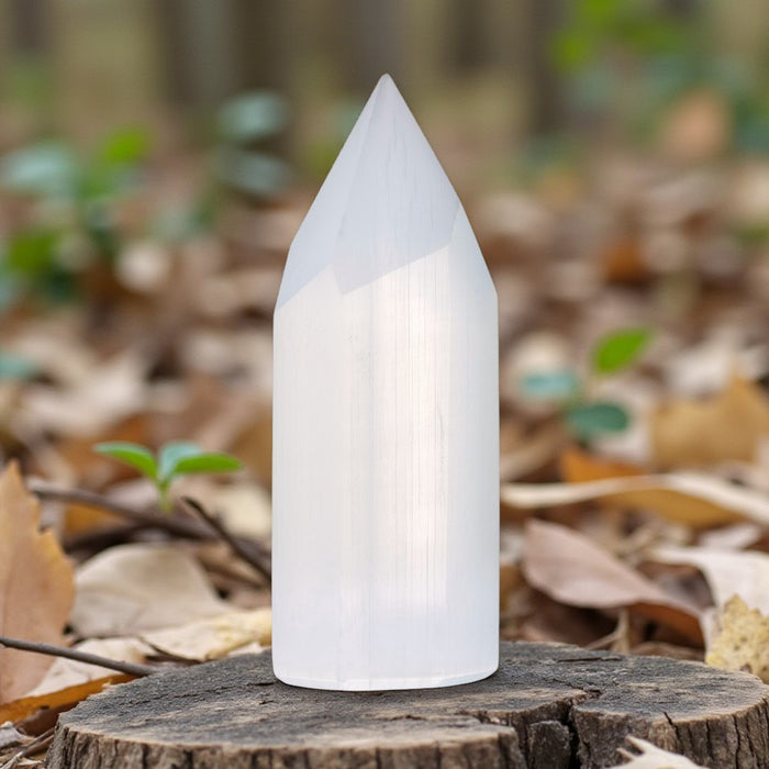 White selenite point on a wooden stump with a natural background