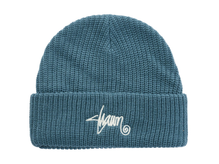 Teal beanie with a white logo on a white background