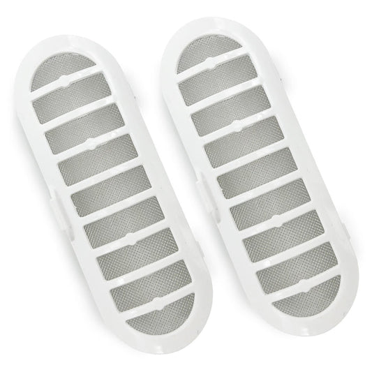 Two white side vents for OxLife Liberty 2 Oxygen Concentrators, designed with mesh patterns to filter air.