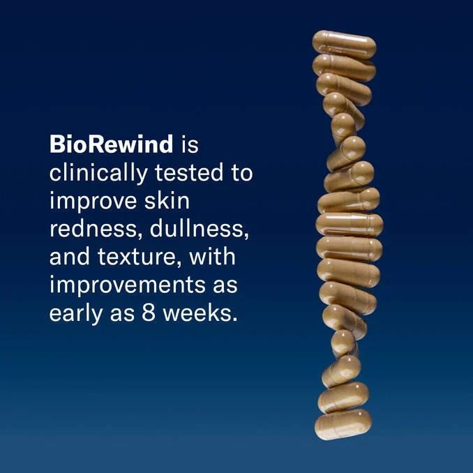 BioRewind skin health dietary supplement capsules with clinical results text on blue background