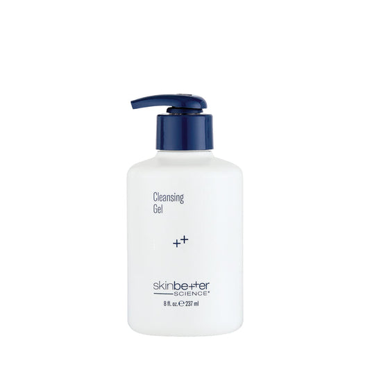 skinbetter Cleansing Gel cleanser bottle, white pump with navy cap, 237 ml