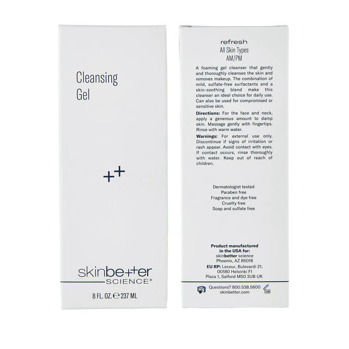 skinbetter Cleansing Gel box, 8 fl oz, front and back packaging