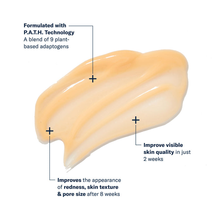Golden serum texture with P.A.T.H. Technology claims for skin quality, redness, and radiance