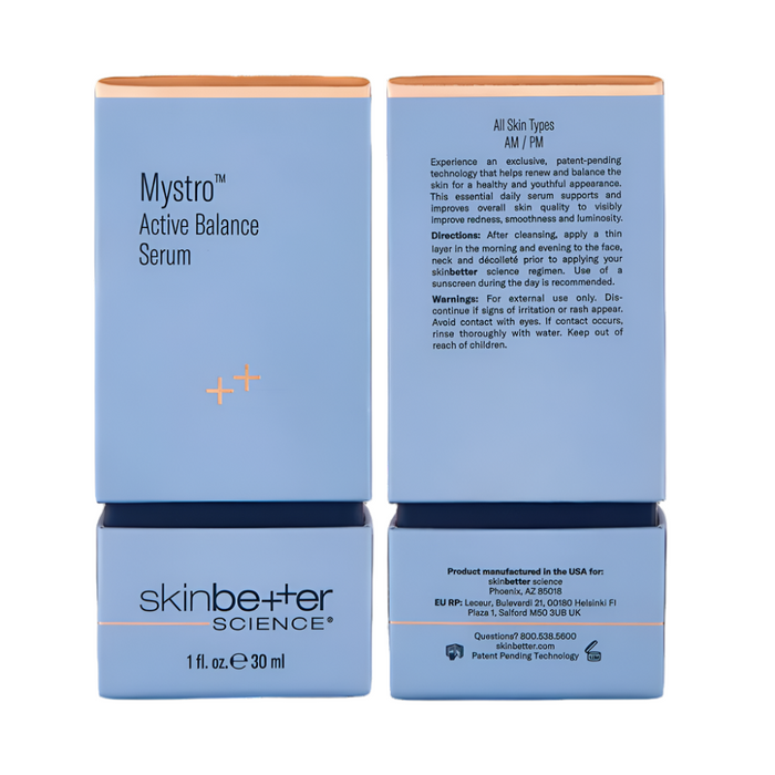 skinbetter Mystro Active Balance Serum box, light blue packaging with 30 ml label