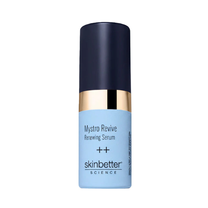 skinbetter Mystro Revive Renewing Serum bottle with navy cap and light blue body