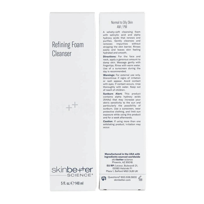 skinbetter Refining Foam Cleanser 5 fl oz box, front and back packaging