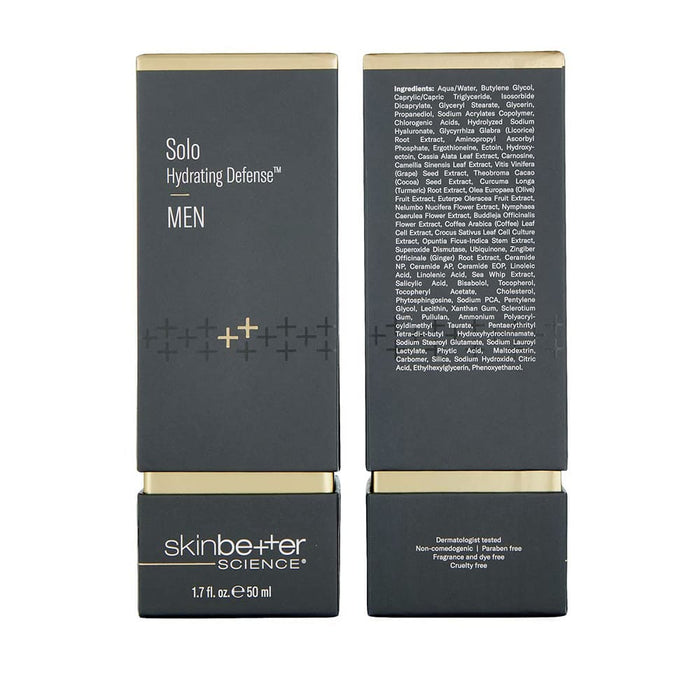 skinbetter Solo Hydrating Defense MEN moisturizer box, 50 ml, dark gray with gold accents