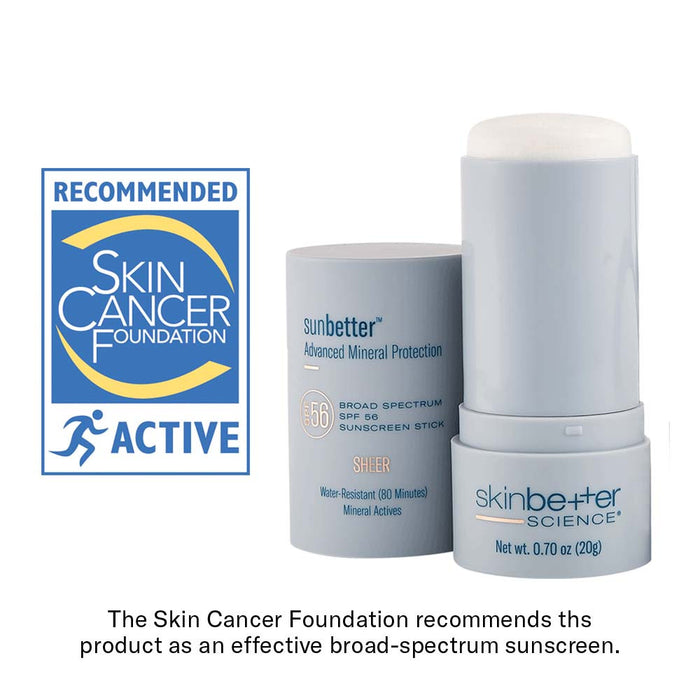skinbetter sunbetter SHEER SPF 56 mineral sunscreen stick with Skin Cancer Foundation recommendation