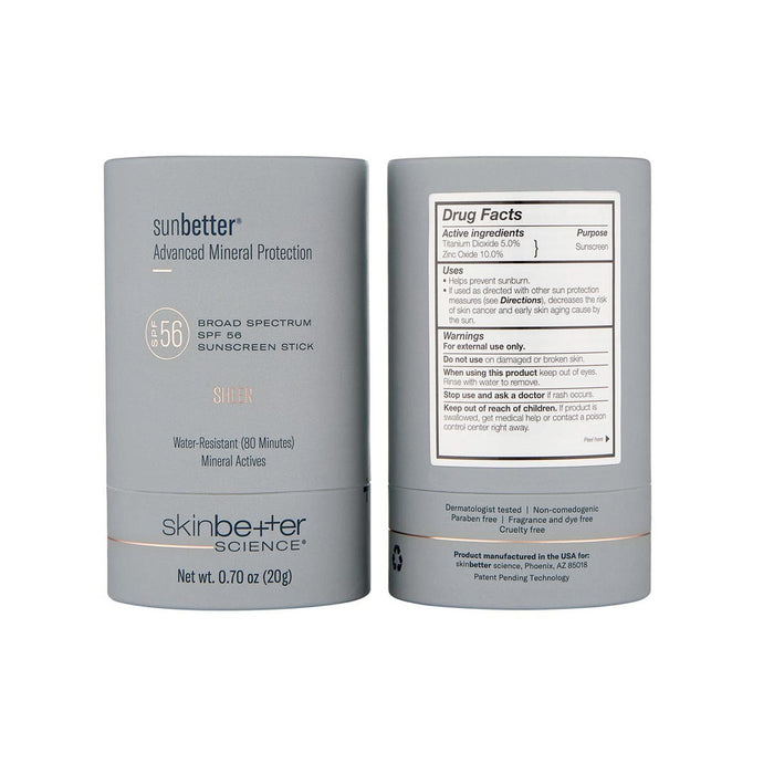 skinbetter sunbetter SHEER SPF 56 mineral sunscreen stick, front and back