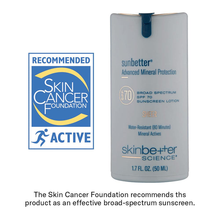 skinbetter sunbetter SHEER SPF 70 mineral sunscreen lotion with Skin Cancer Foundation recommendation