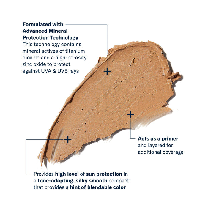Tone-adapting beige sunscreen compact texture with mineral protection claims