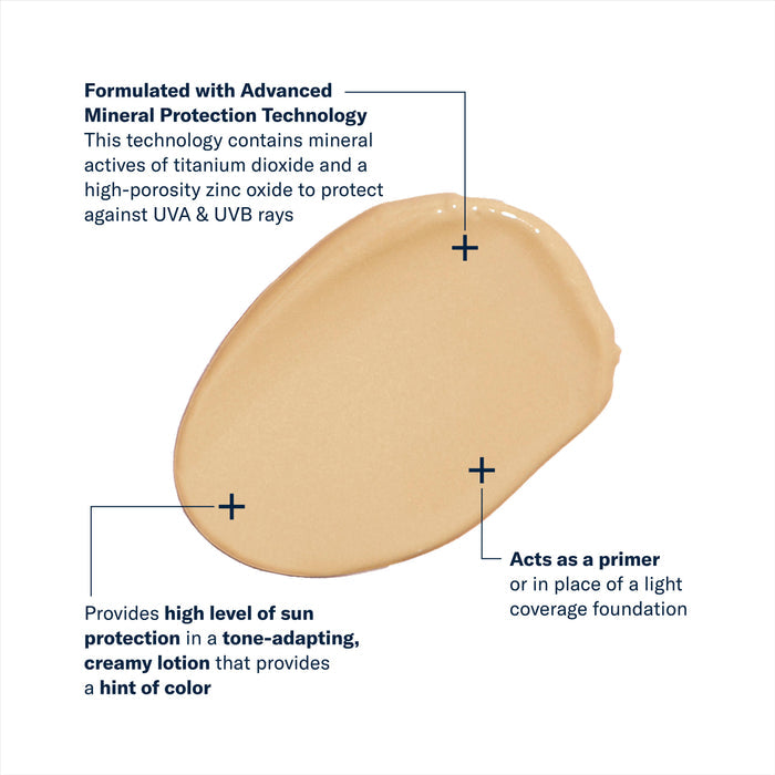 Tinted mineral sunscreen lotion swatch with tone-adapting coverage and primer-like finish