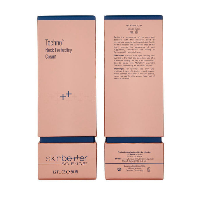 skinbetter Science Techno Neck Perfecting Cream box, pink packaging with navy accents, 50 mL
