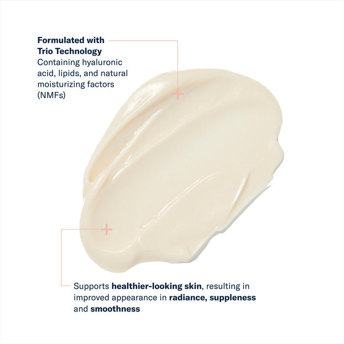 Creamy moisturizer texture with Trio Technology, hyaluronic acid, lipids, and NMFs