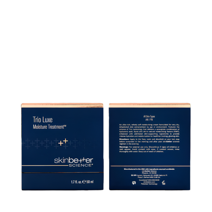 skinbetter Trio Luxe Moisture Treatment box front and back, navy blue with gold accents