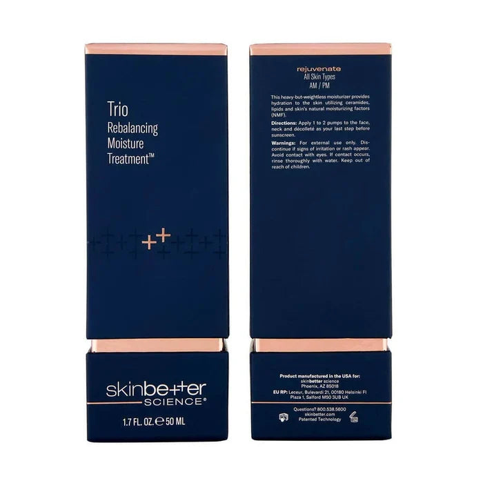 Skinbetter Trio Rebalancing Moisture Treatment 50 mL packaging, navy carton with rose-gold accents