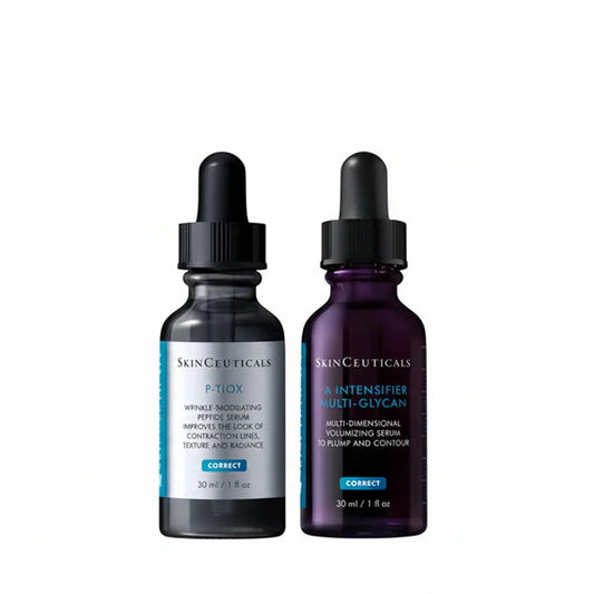 SkinCeuticals P-TIOX and HA Intensifier Multi-Glycan serum duo bottles, 30 ml each